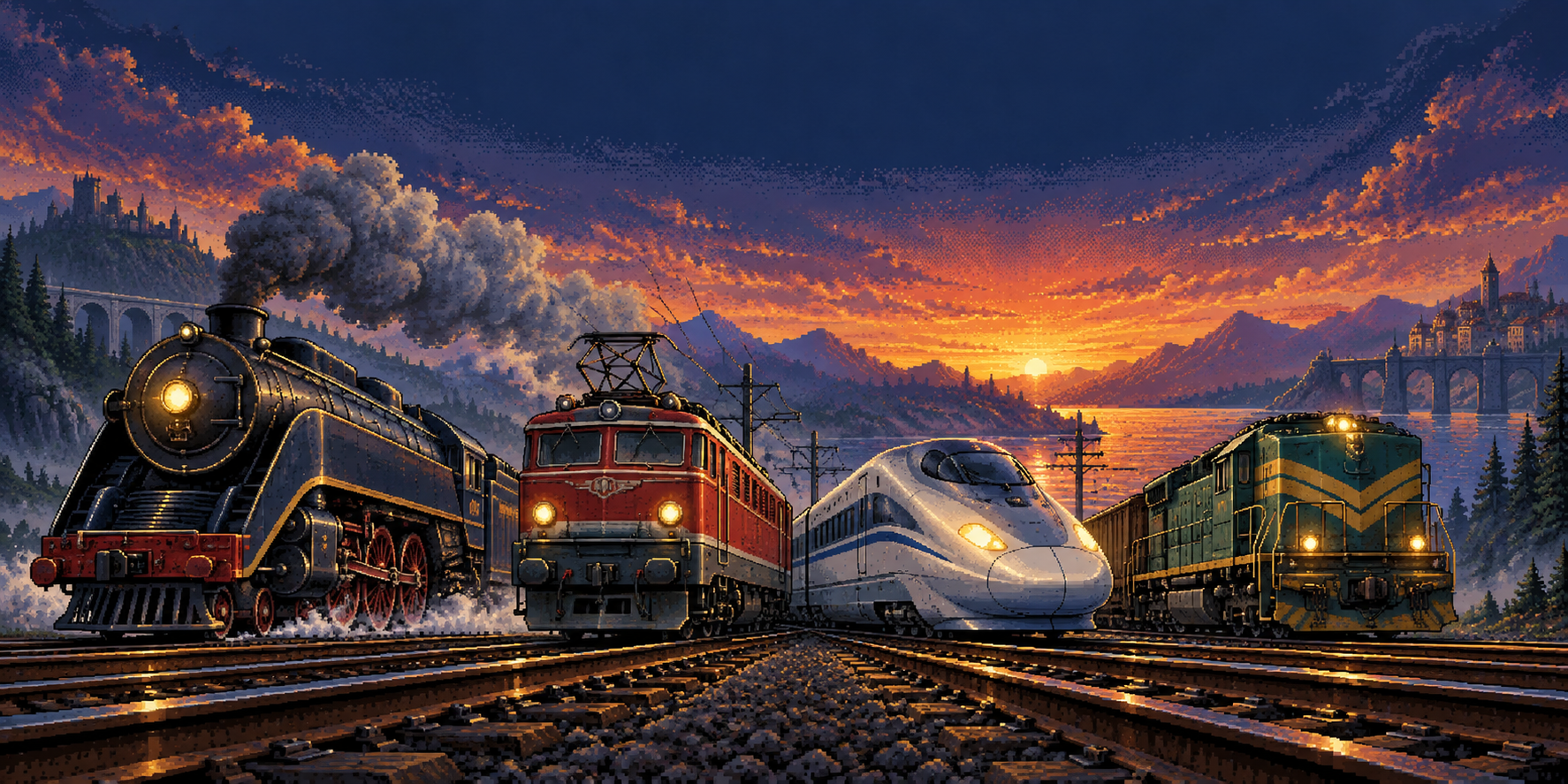 Pixel-art lineup of steam, electric, bullet, and diesel trains at sunset